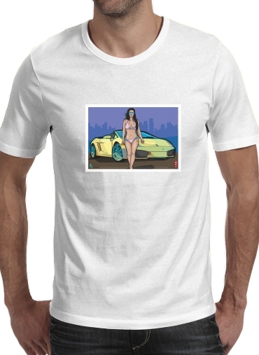  GTA collection: Bikini Girl Florida Beach para Manga curta T-shirt homem em torno do pescoço