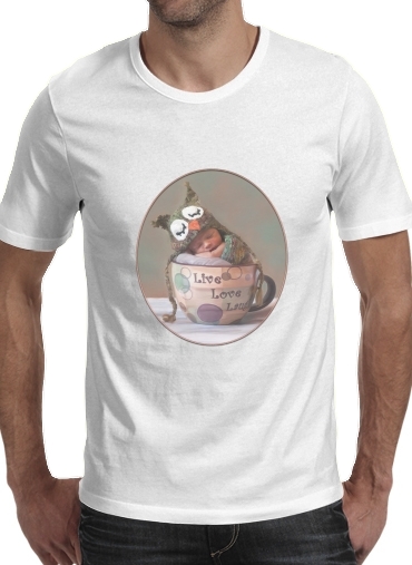  Painting Baby With Owl Cap in a Teacup para Manga curta T-shirt homem em torno do pescoço