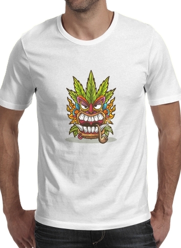  Tiki mask cannabis weed smoking para Manga curta T-shirt homem em torno do pescoço