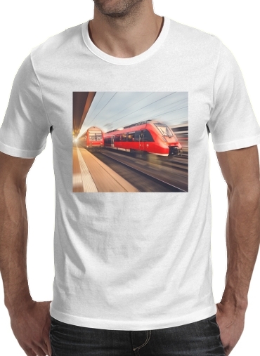  Modern high speed red passenger trains at sunset. railway station para Manga curta T-shirt homem em torno do pescoço