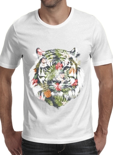  Tropical Tiger para Manga curta T-shirt homem em torno do pescoço